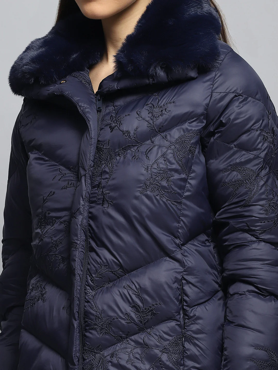 Women Navy Blue Embroidered Collar Full Sleeve Jacket - Image 8