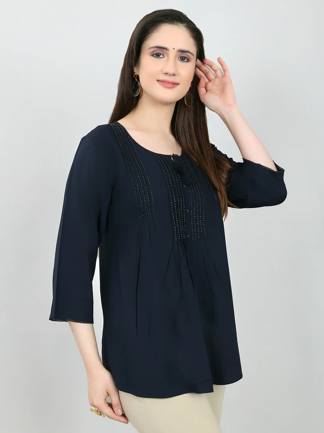 Women Navy Blue Embroidered Fashion Neck 3/4th Sleeve Top - Image 3