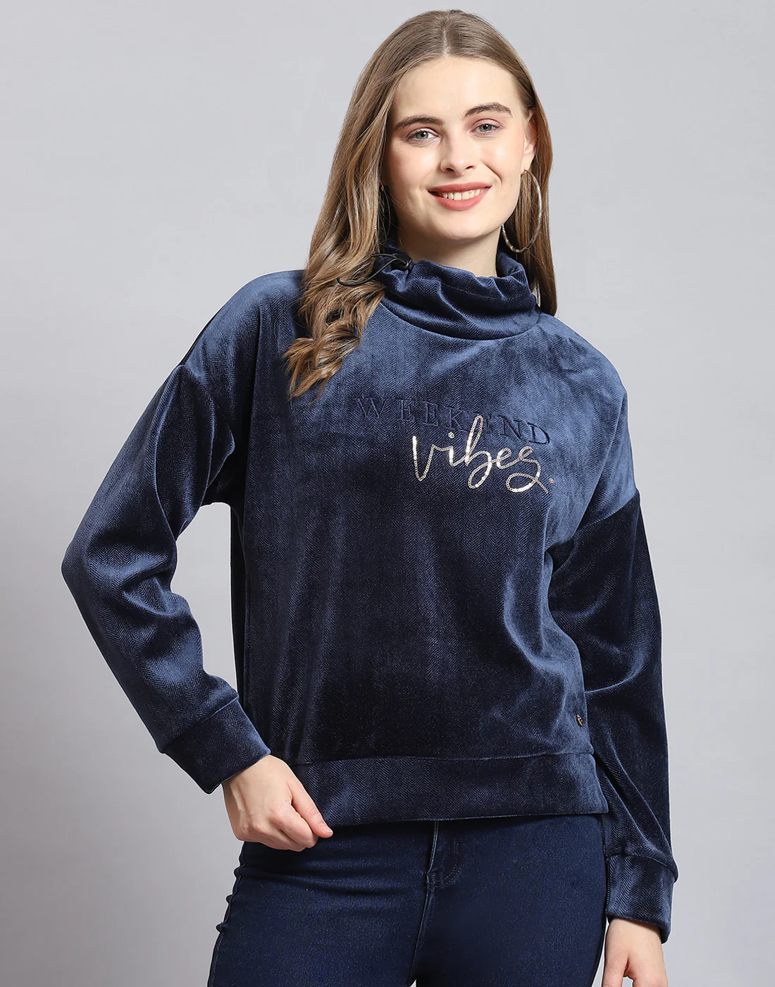 Women Navy Blue Embroidered H Neck Full Sleeve Sweatshirt - Image 3