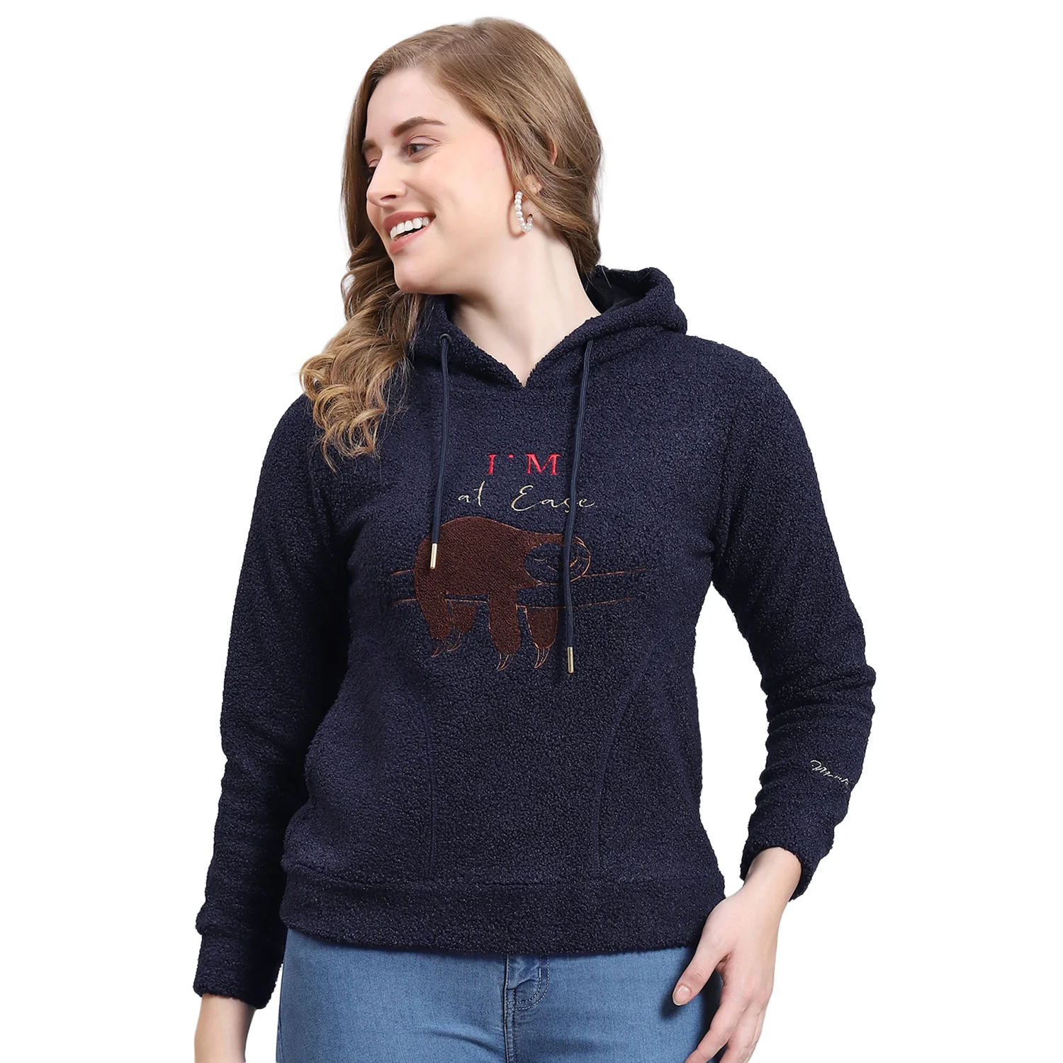 Women Navy Blue Embroidered Hooded Full Sleeve Sweatshirt - Image 5