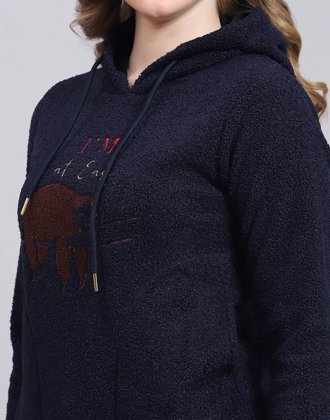 Women Navy Blue Embroidered Hooded Full Sleeve Sweatshirt - Image 8
