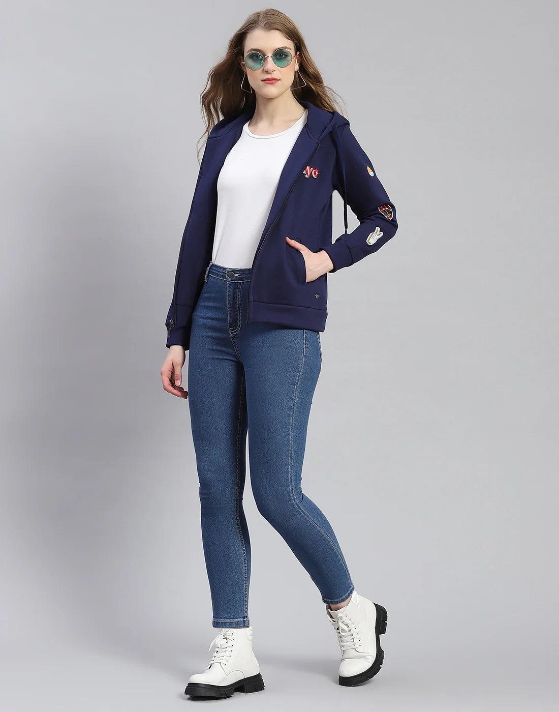 Women Navy Blue Embroidered Hooded Full Sleeve Sweatshirt - Image 3