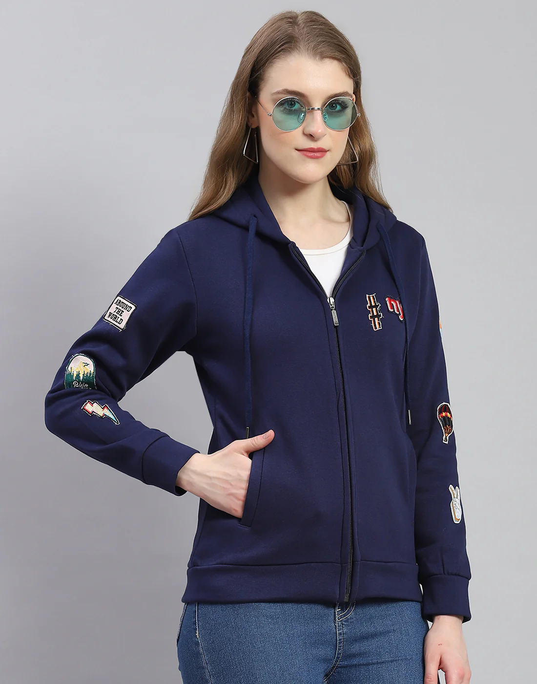 Women Navy Blue Embroidered Hooded Full Sleeve Sweatshirt - Image 5
