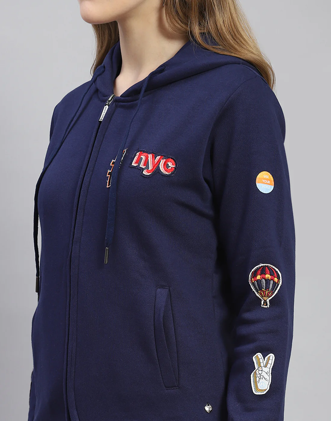 Women Navy Blue Embroidered Hooded Full Sleeve Sweatshirt - Image 7