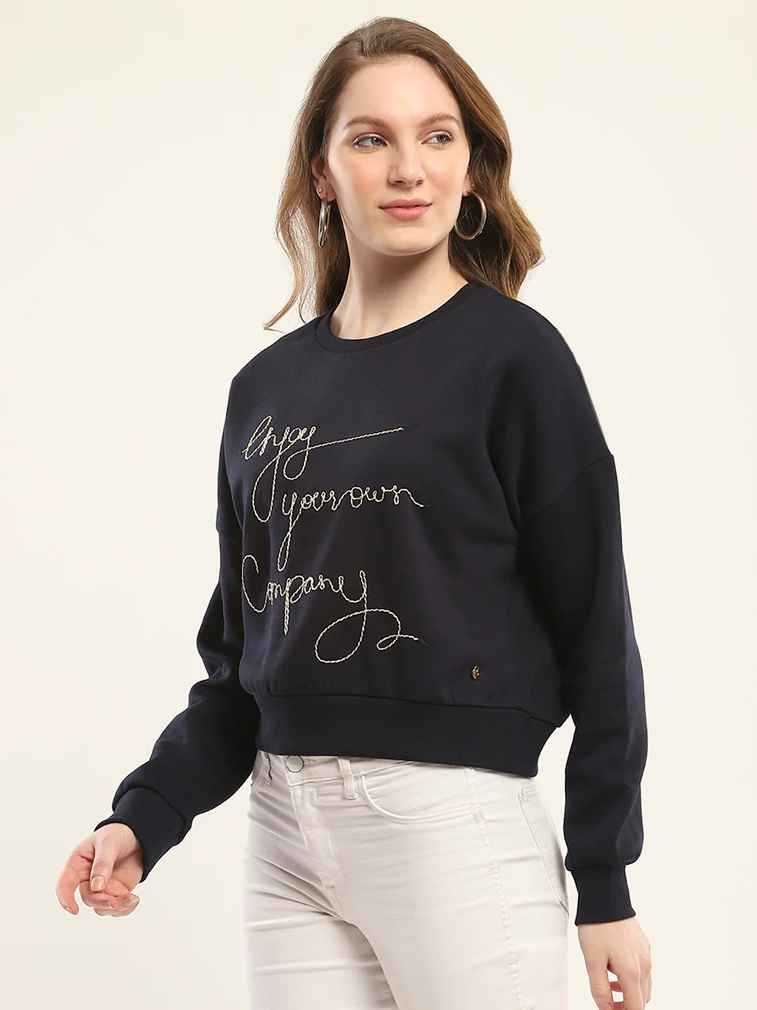 Women Navy Blue Embroidered Round Neck Full Sleeve Sweatshirt - Image 3