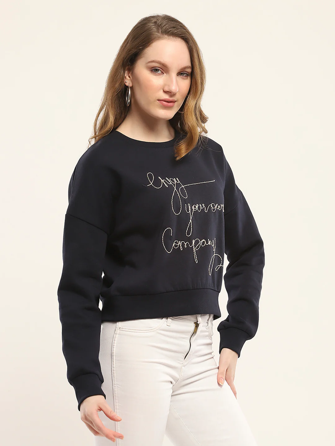 Women Navy Blue Embroidered Round Neck Full Sleeve Sweatshirt - Image 4