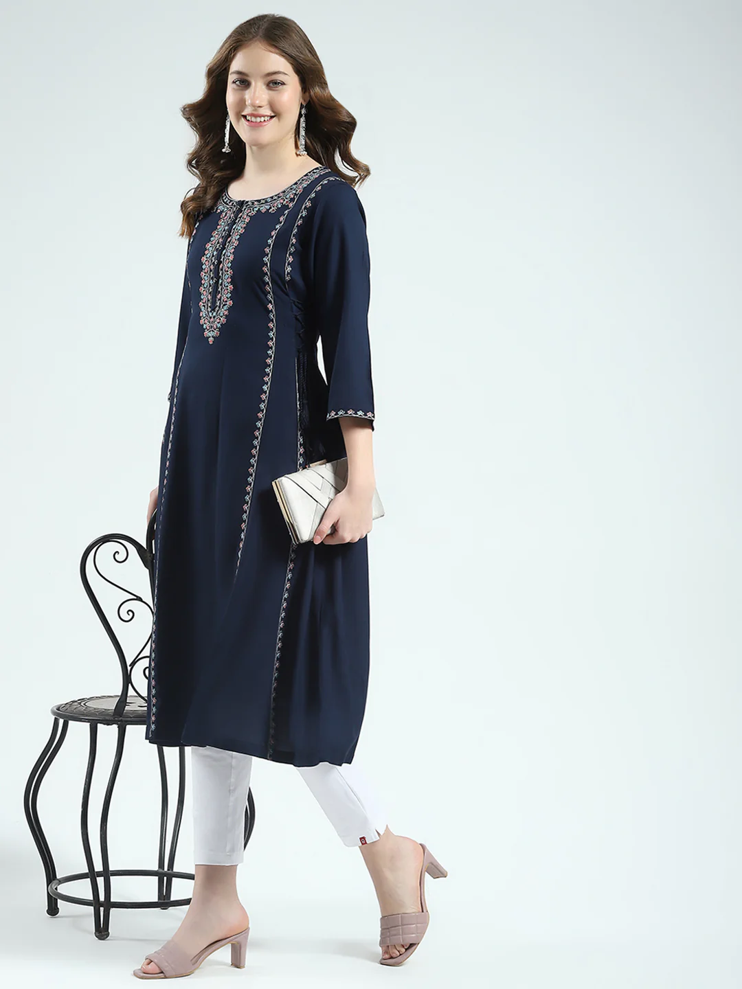 Women Navy Blue Embroidered Round Neck 3/4th Sleeve Kurti - Image 2