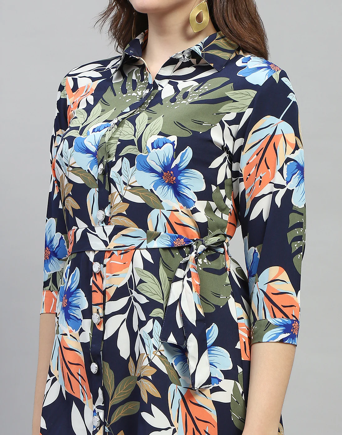 Women Navy Blue Floral Print Collar Neck 3/4 Sleeve Dress - Image 2