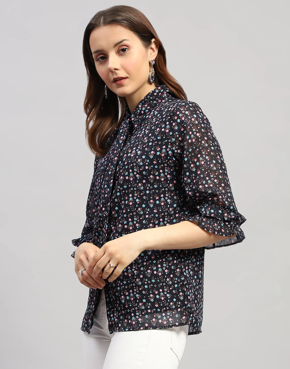 Women Navy Blue Floral Print Collar Neck 3/4 Sleeve Top - Image 4