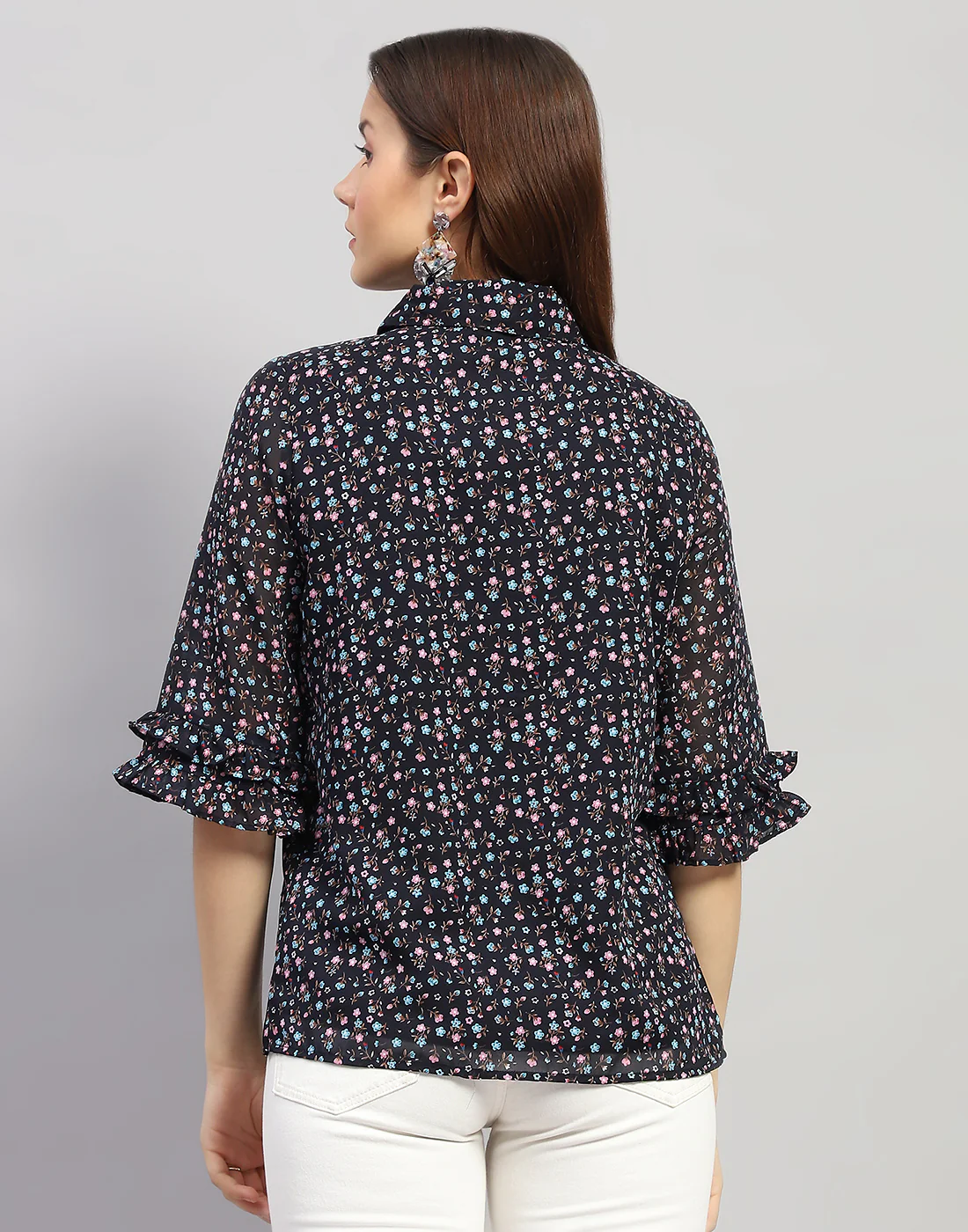 Women Navy Blue Floral Print Collar Neck 3/4 Sleeve Top - Image 6