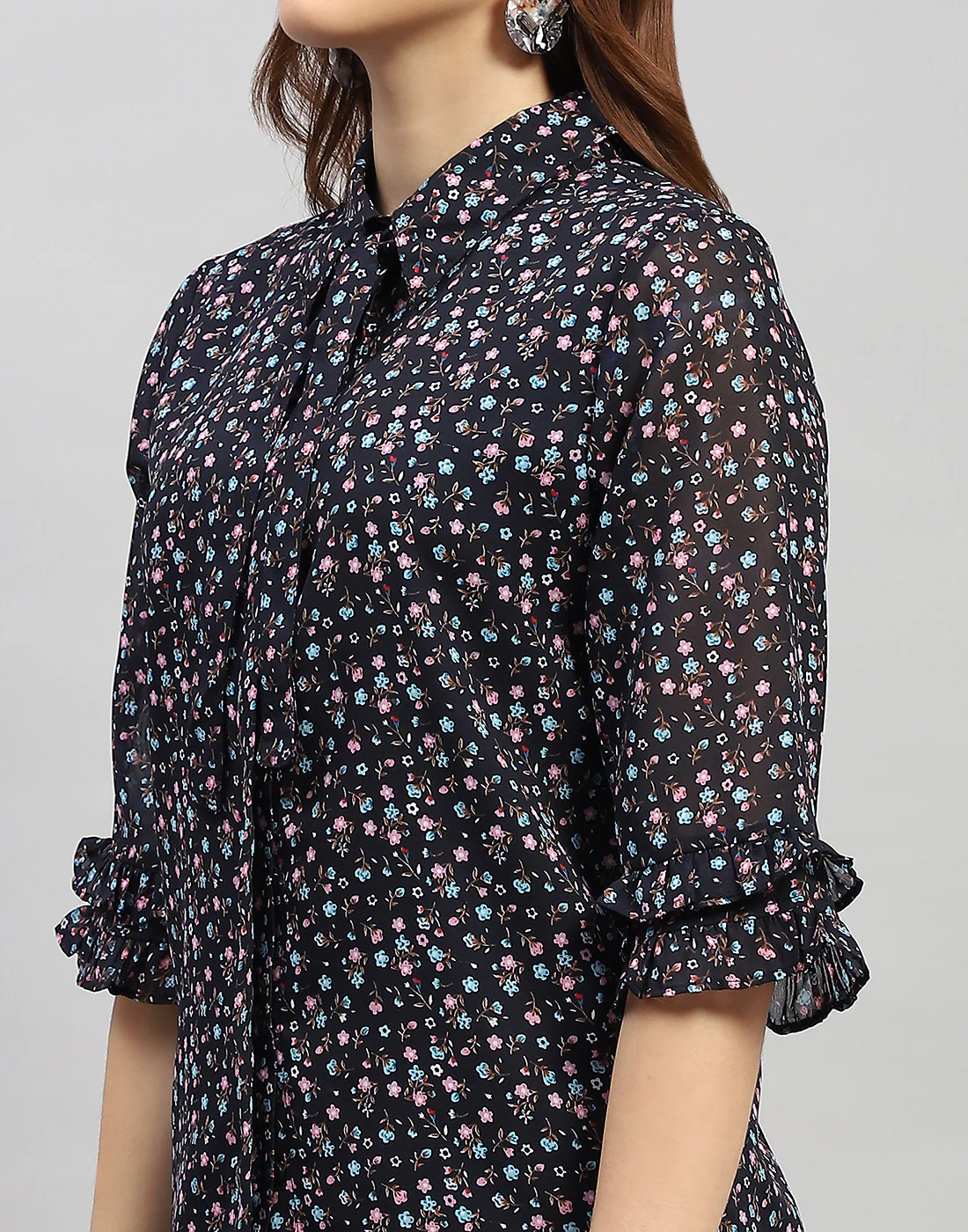 Women Navy Blue Floral Print Collar Neck 3/4 Sleeve Top - Image 7