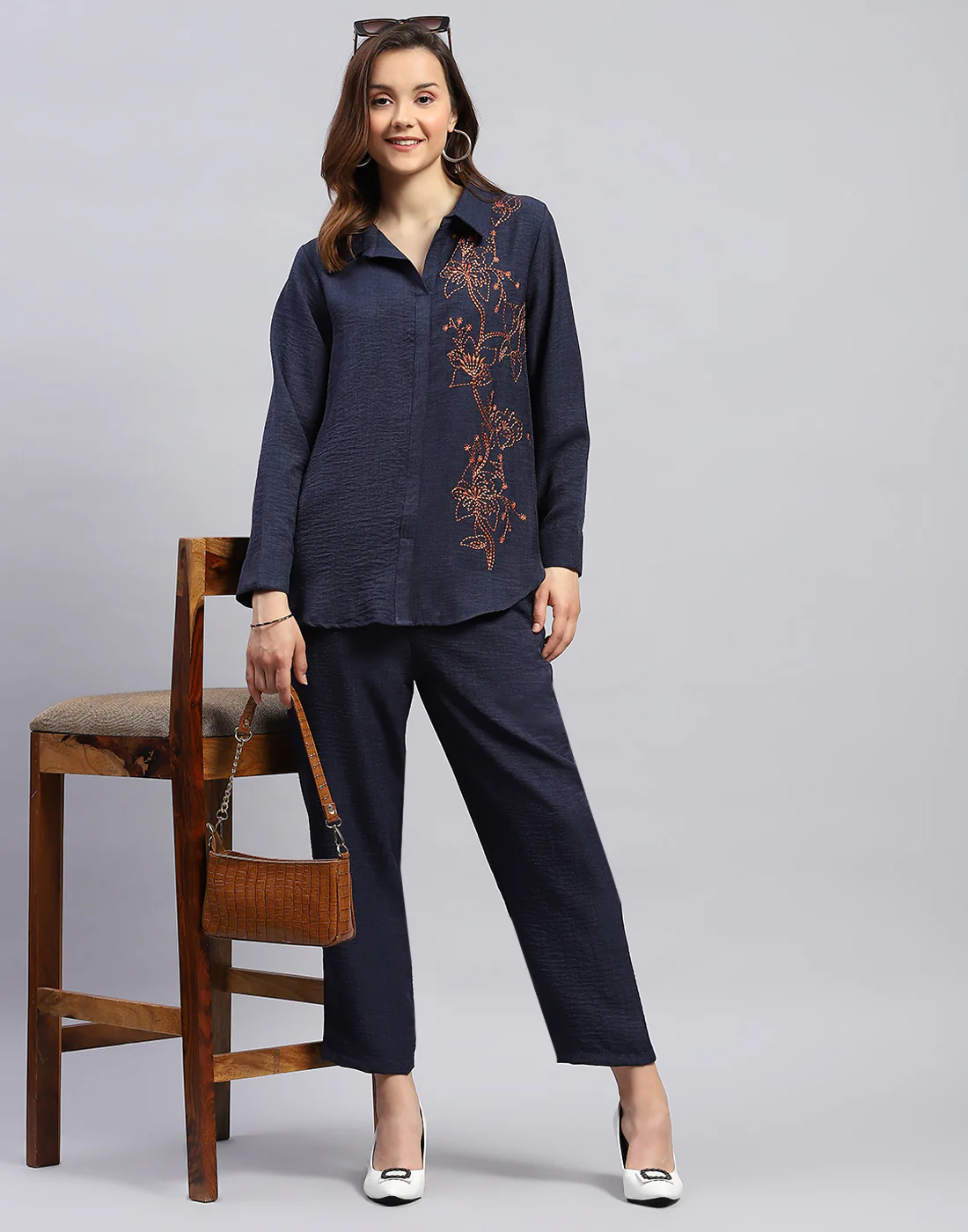 Women Navy Blue Floral Print Collar Neck Full Sleeve Cords Set