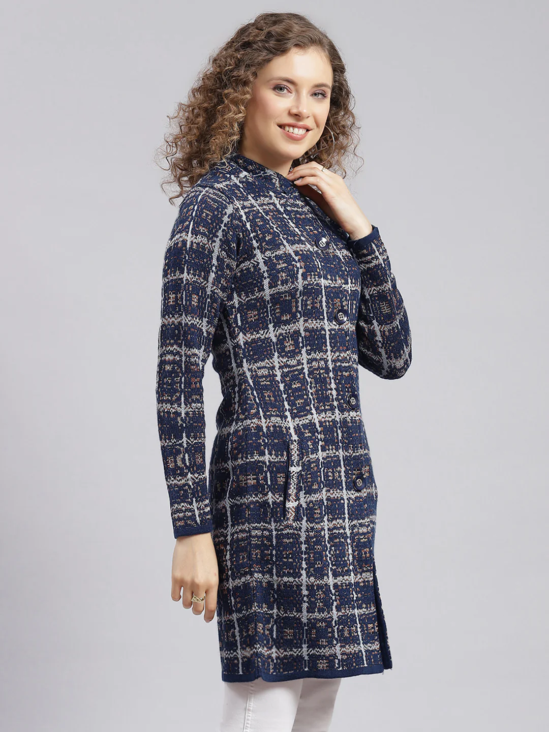 Women Navy Blue Jaquard Wool blend Knitted Coat - Image 2
