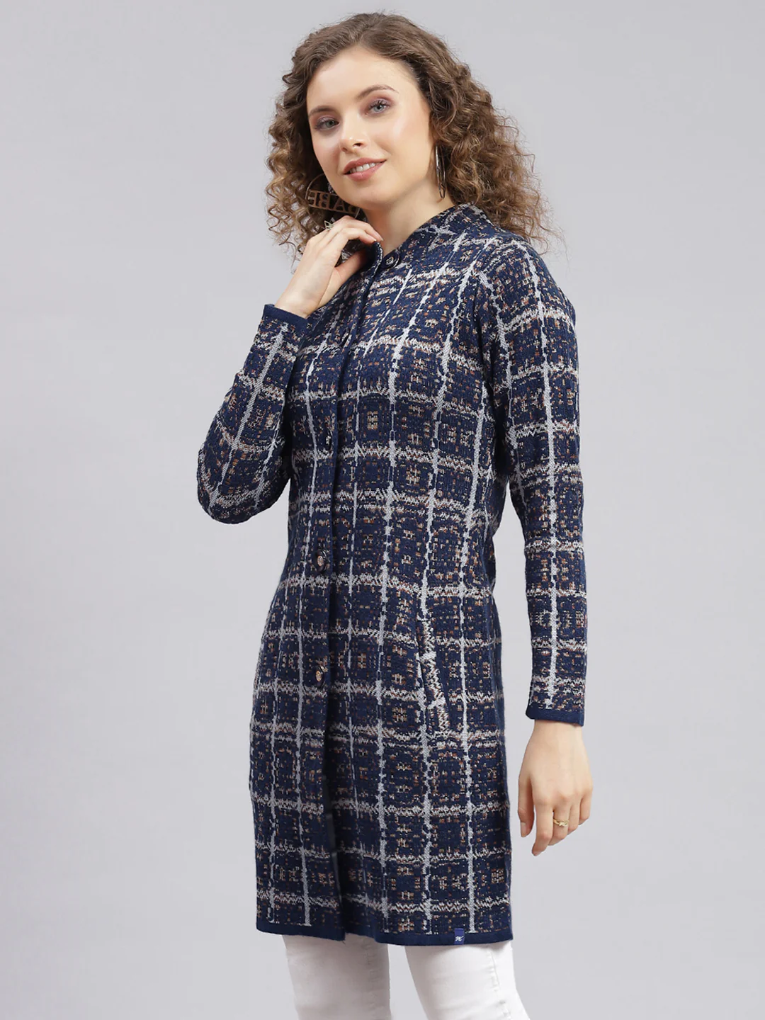 Women Navy Blue Jaquard Wool blend Knitted Coat - Image 3