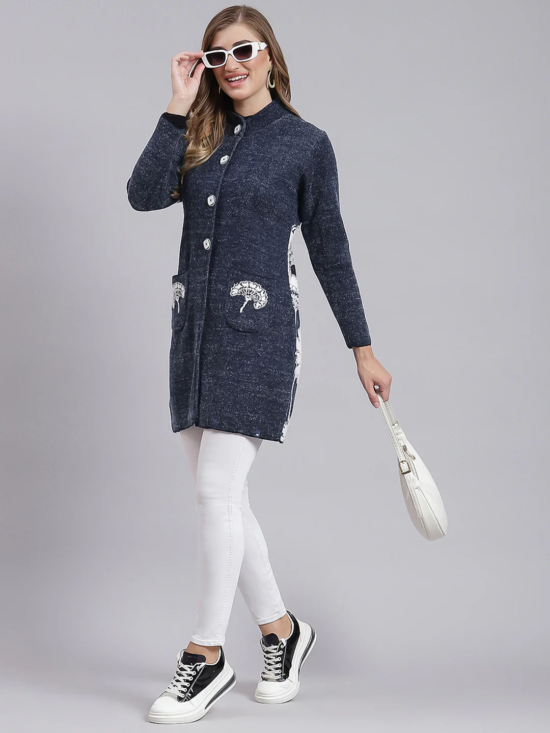 Women Navy Blue Jaquard Wool blend Knitted Coat - Image 5