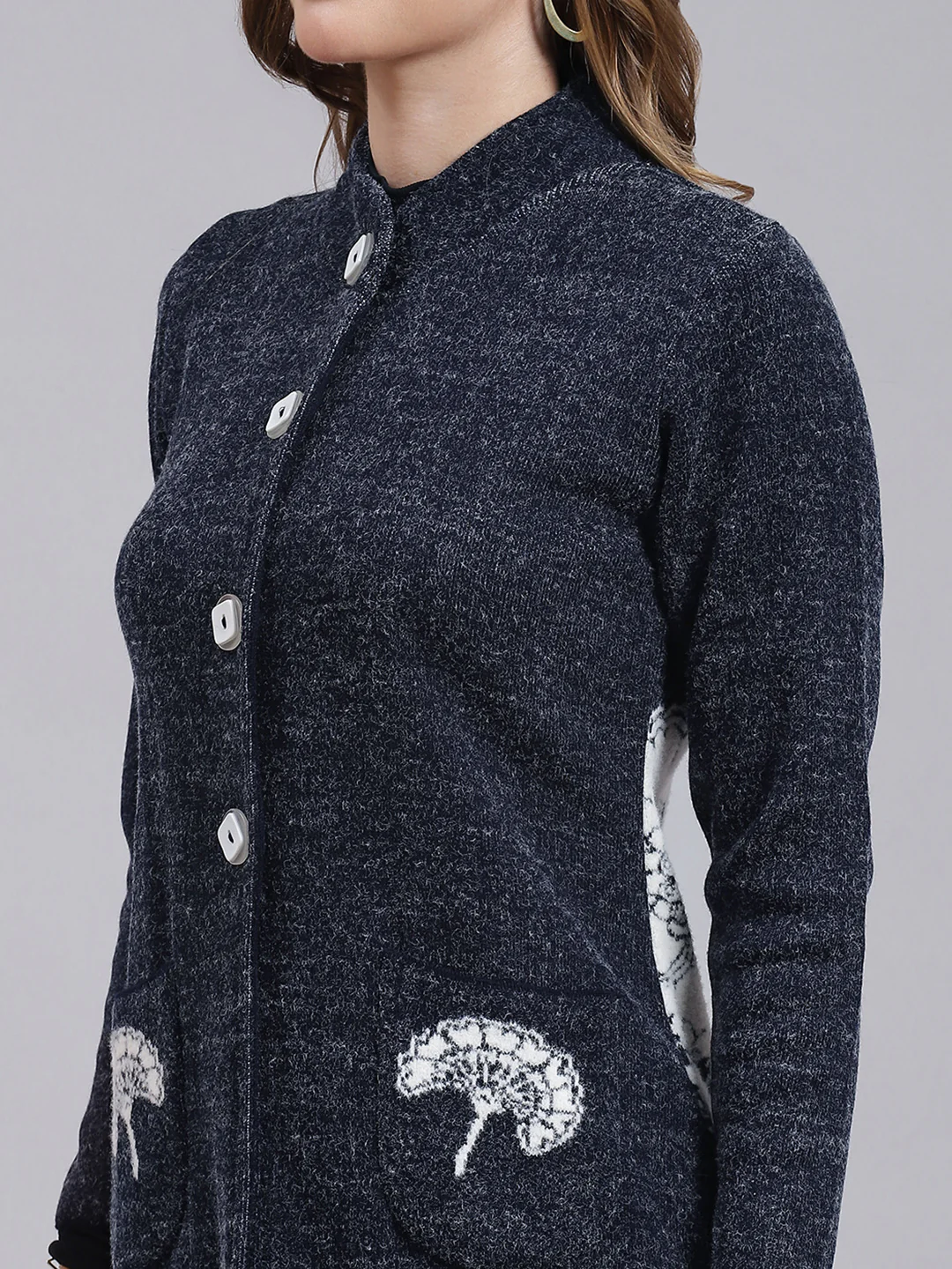 Women Navy Blue Jaquard Wool blend Knitted Coat - Image 6