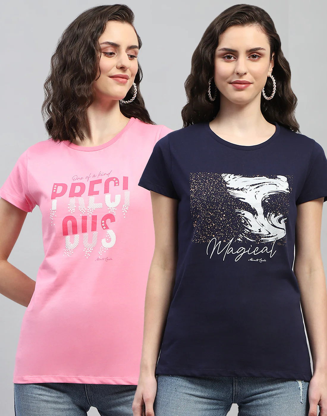 Women Navy Blue & Pink Printed Round Neck Half Sleeve Top (Pack of 2)