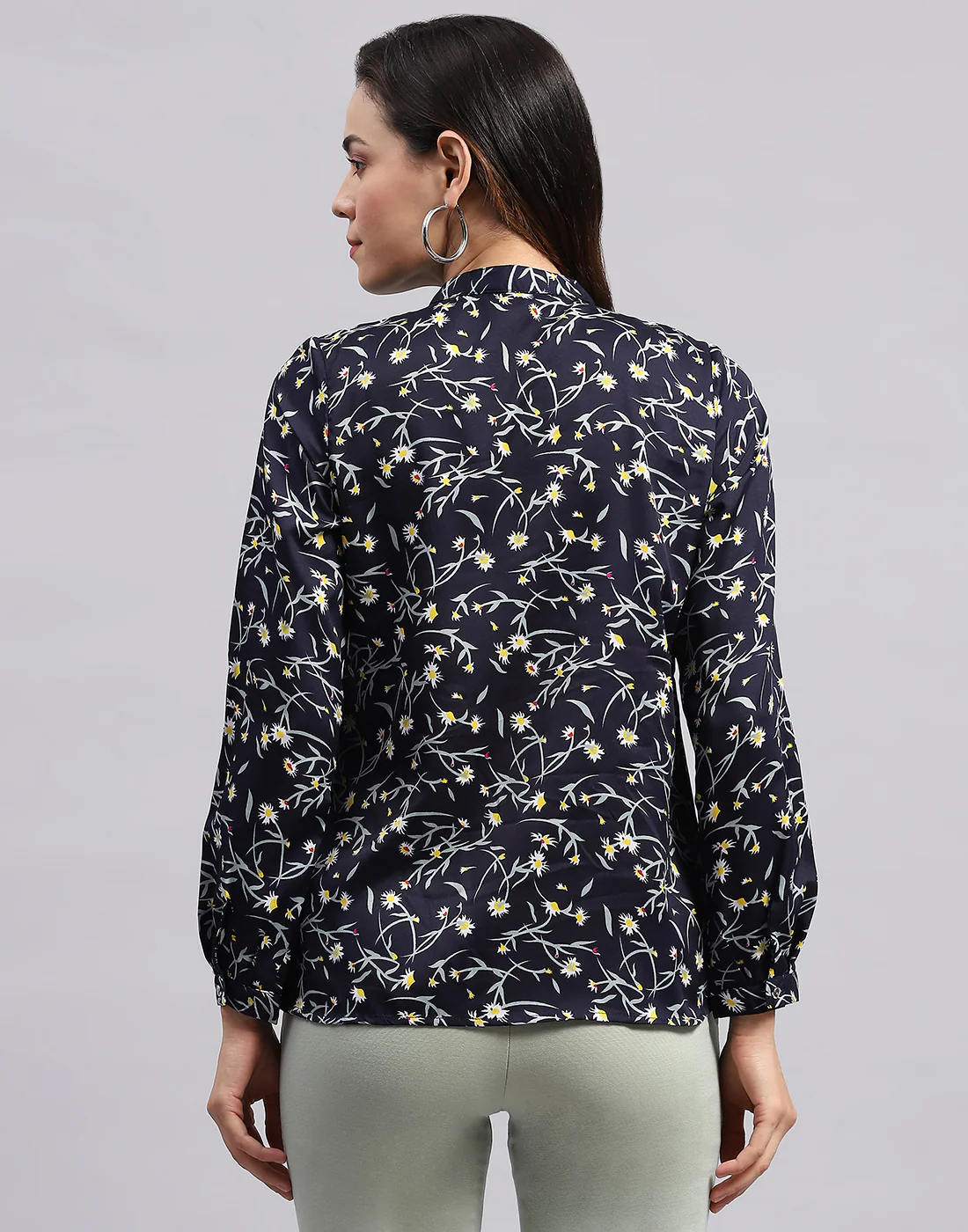 Women Navy Blue Printed Band Collar Full Sleeve Top - Image 5