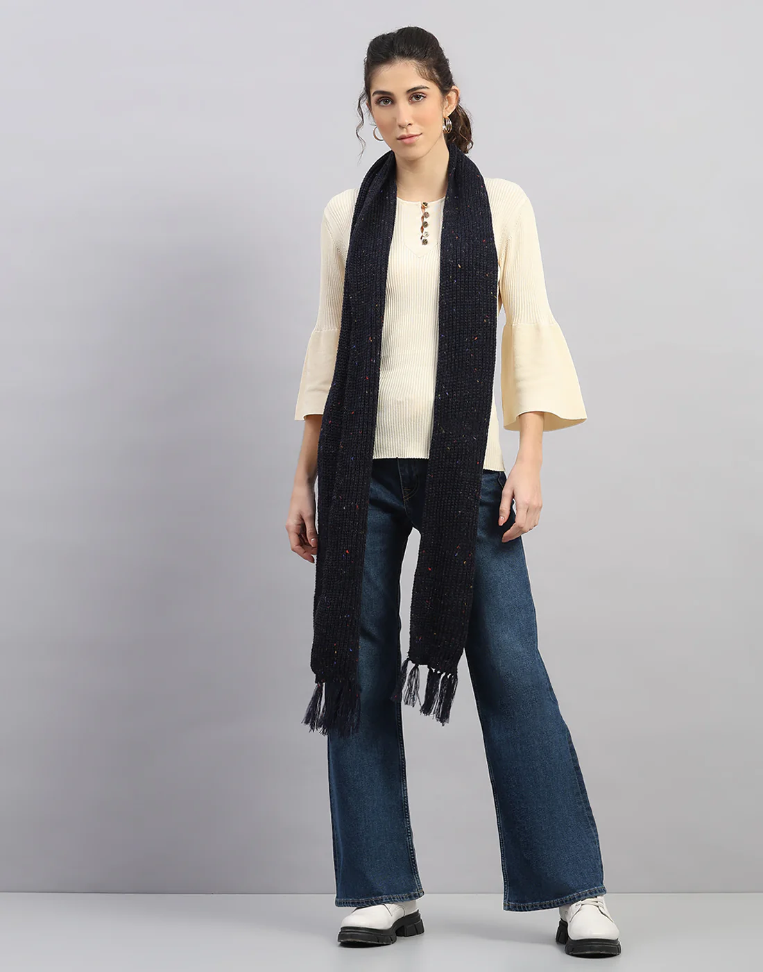 Women Navy Blue Printed Blend Wool Mufflers - Image 6