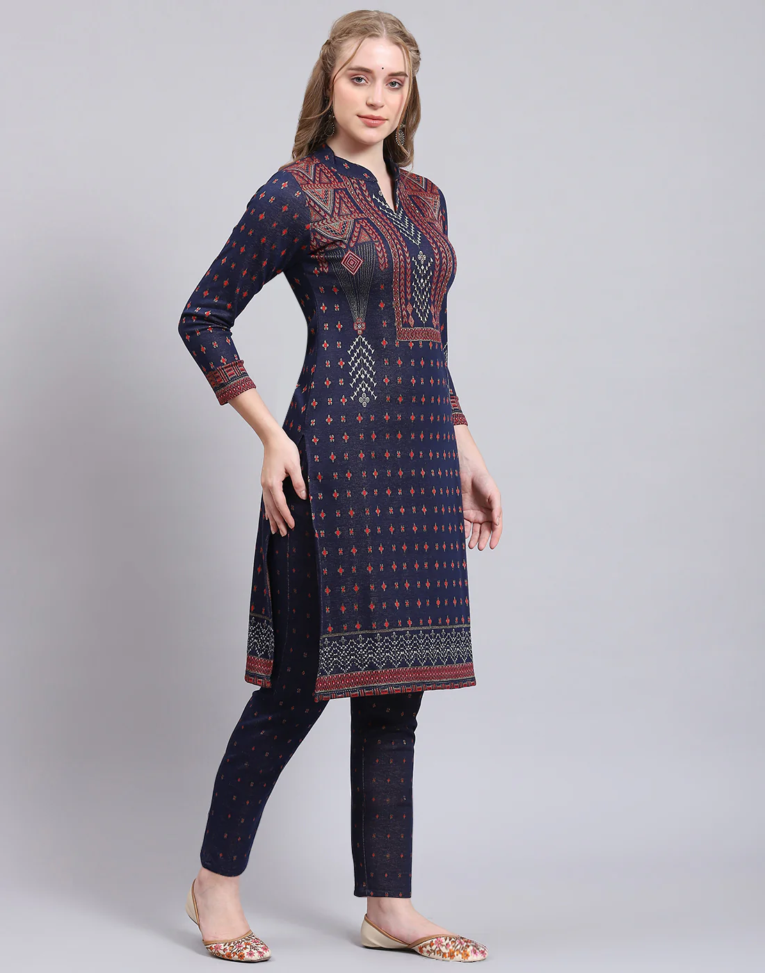 Women Navy Blue Printed Collar Full Sleeve Kurtis Set - Image 5