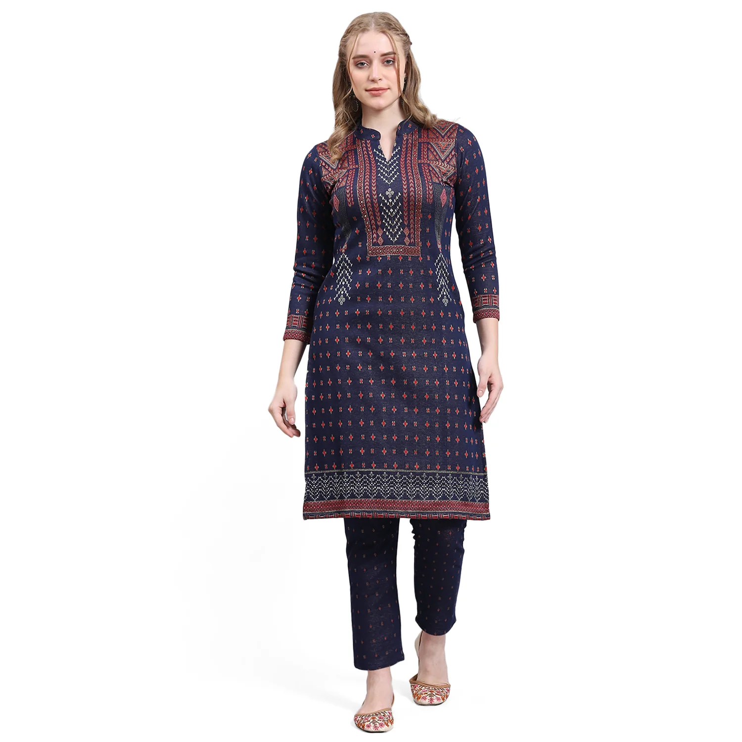 Women Navy Blue Printed Collar Full Sleeve Kurtis Set - Image 6