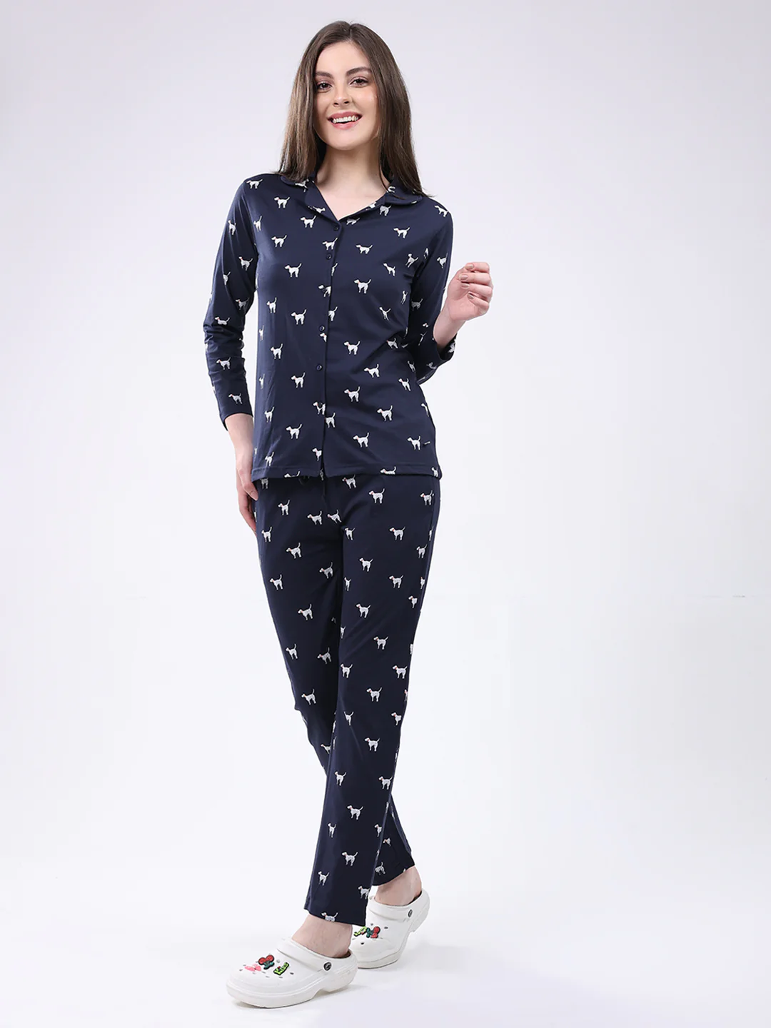Women Navy Blue Printed Collar Full Sleeve Lower Set - Image 3