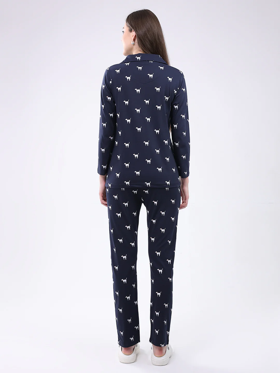 Women Navy Blue Printed Collar Full Sleeve Lower Set - Image 5