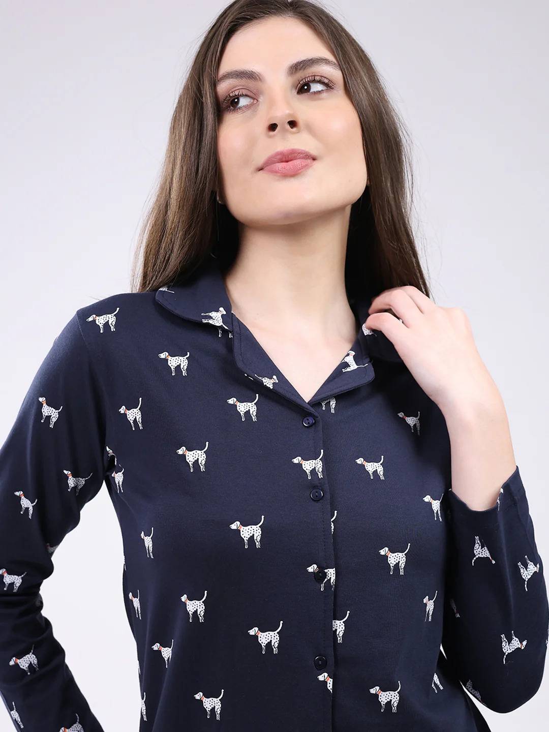 Women Navy Blue Printed Collar Full Sleeve Lower Set - Image 8