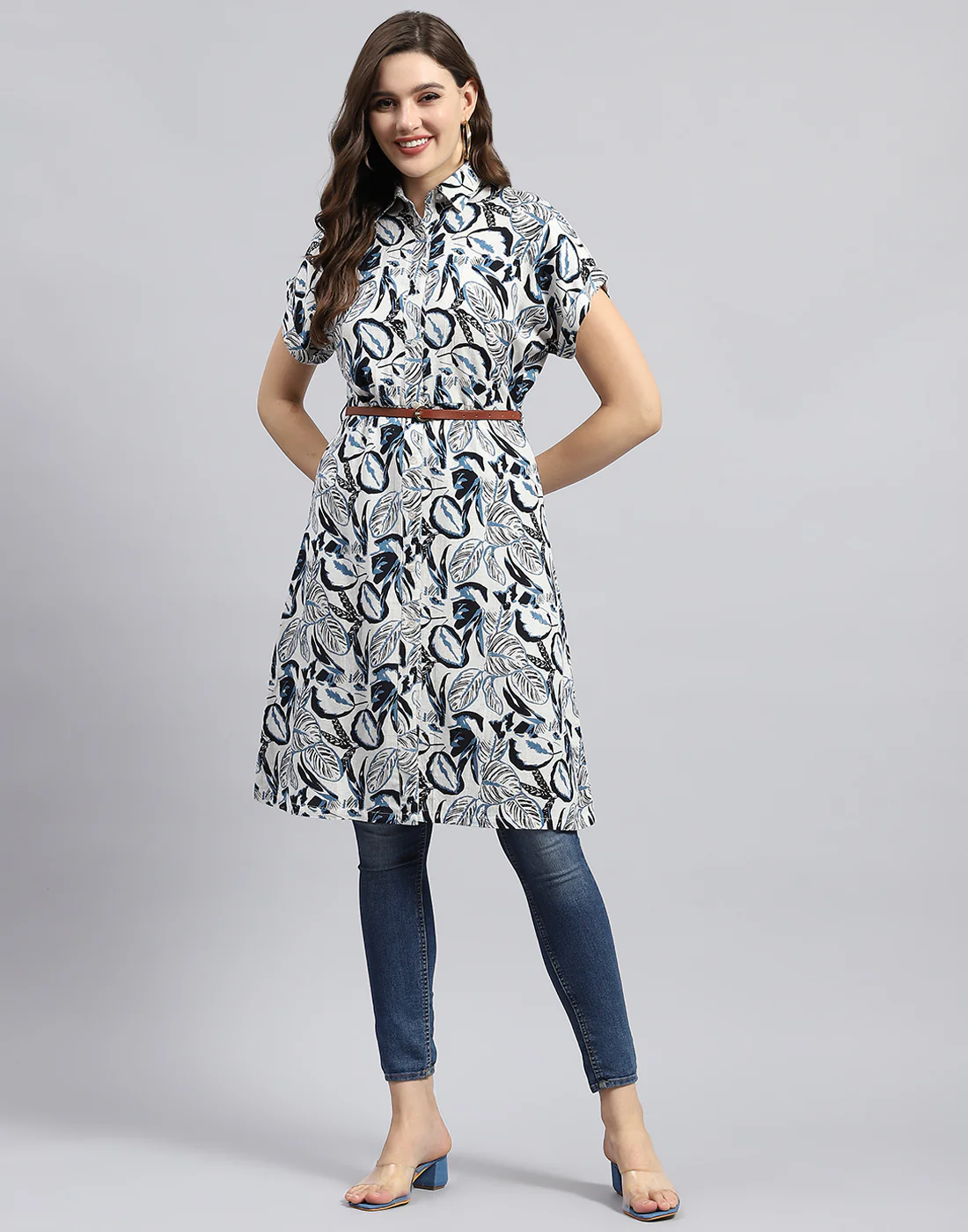 Women Navy Blue Printed Collar Half Sleeve Tunic - Image 3