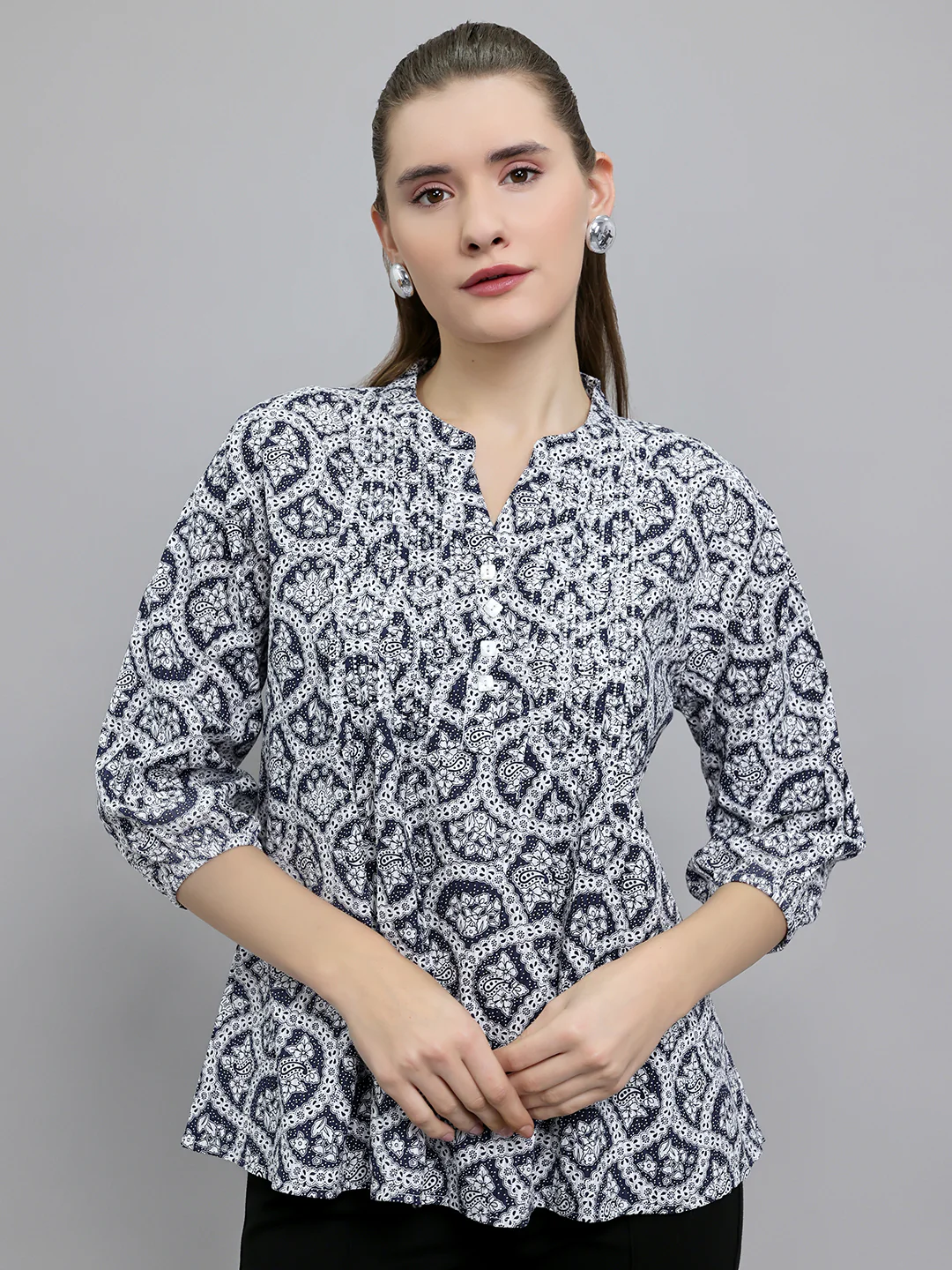 Women Navy Blue Printed Fashion Neck 3/4th Sleeve Top