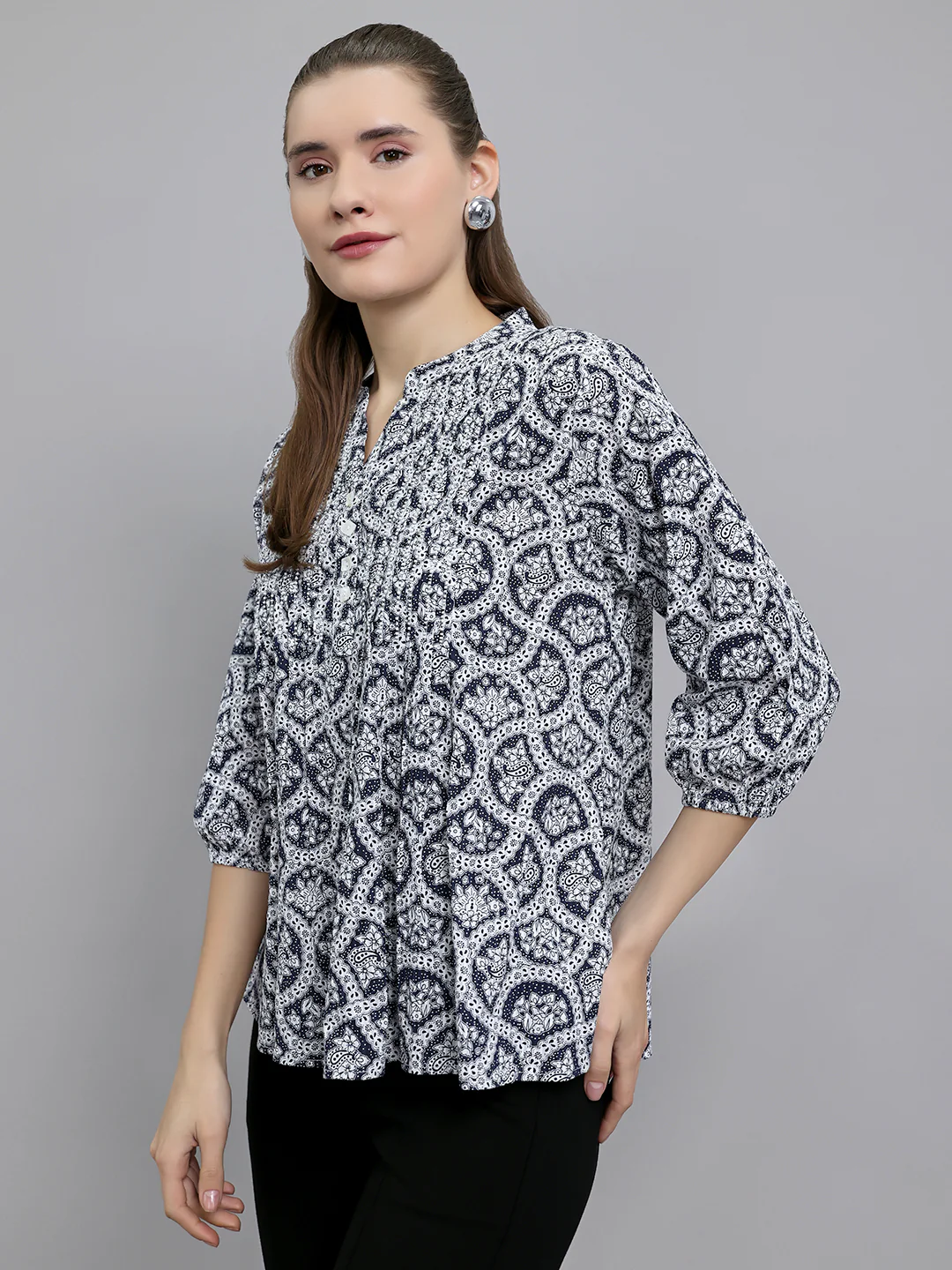 Women Navy Blue Printed Fashion Neck 3/4th Sleeve Top - Image 2