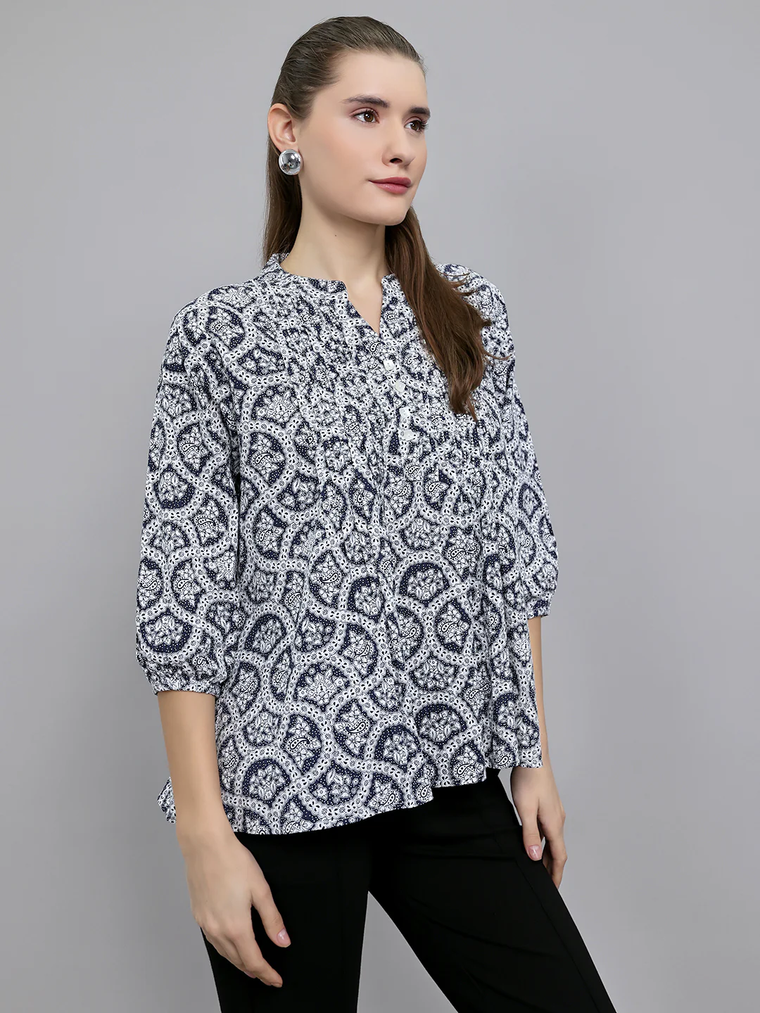 Women Navy Blue Printed Fashion Neck 3/4th Sleeve Top - Image 3