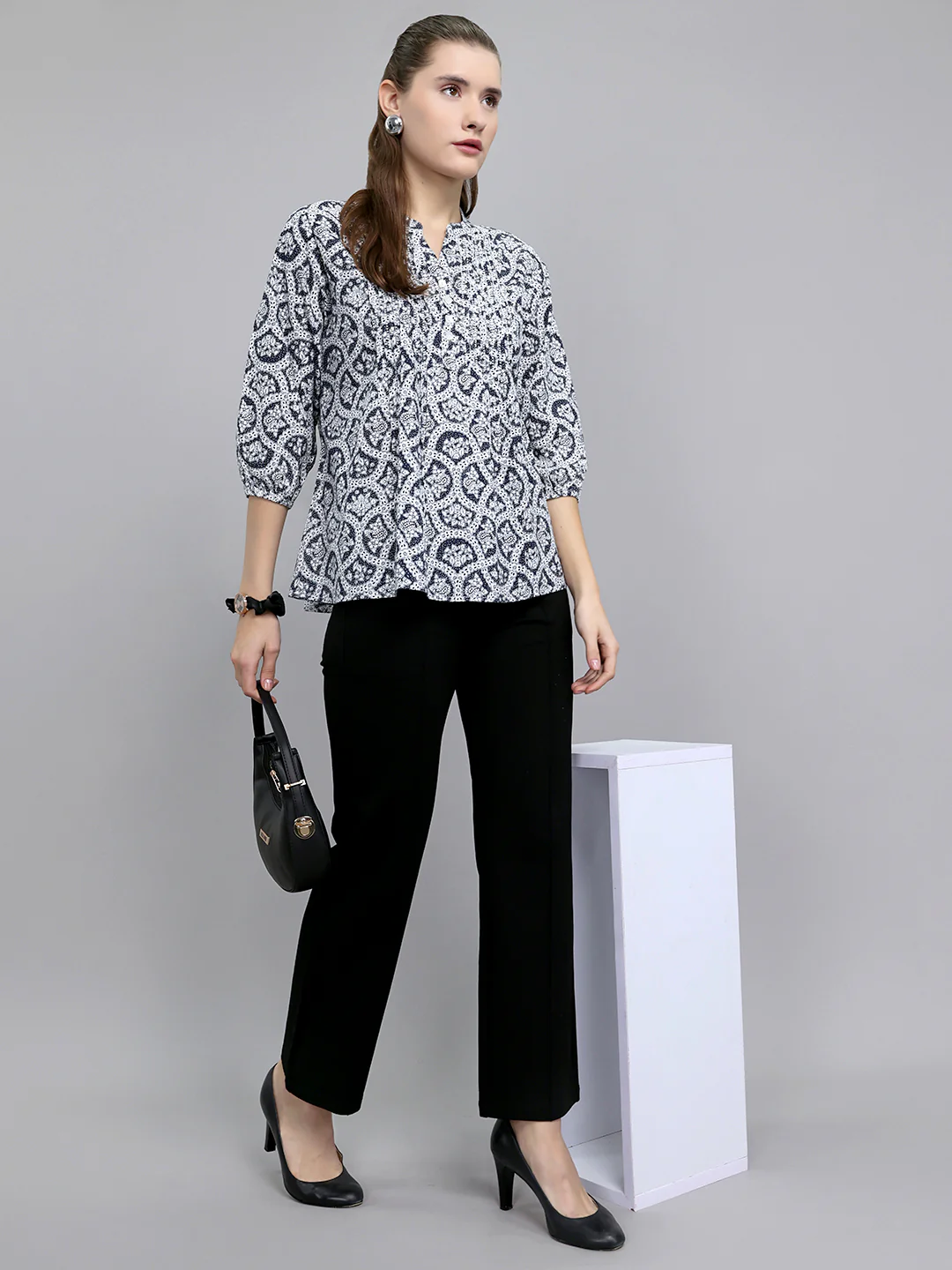 Women Navy Blue Printed Fashion Neck 3/4th Sleeve Top - Image 6