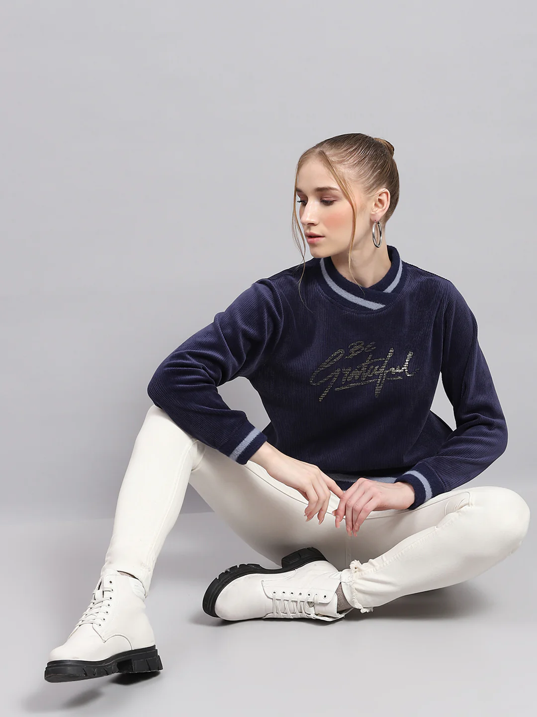 Women Navy Blue Printed High Neck Full Sleeve Sweatshirt - Image 2