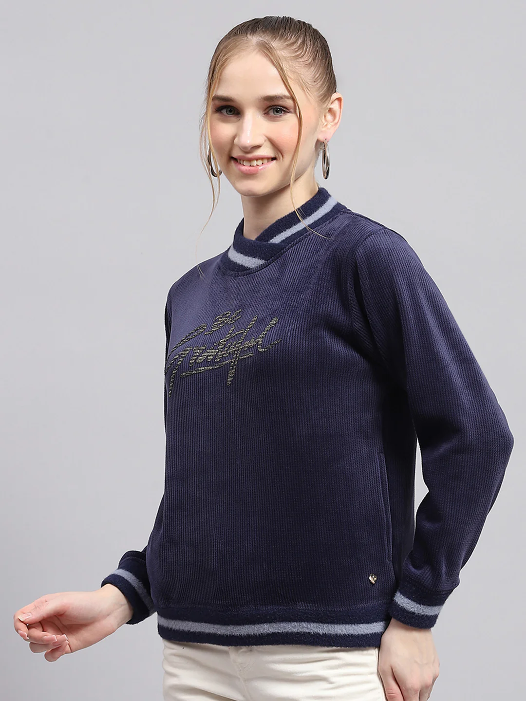 Women Navy Blue Printed High Neck Full Sleeve Sweatshirt - Image 3