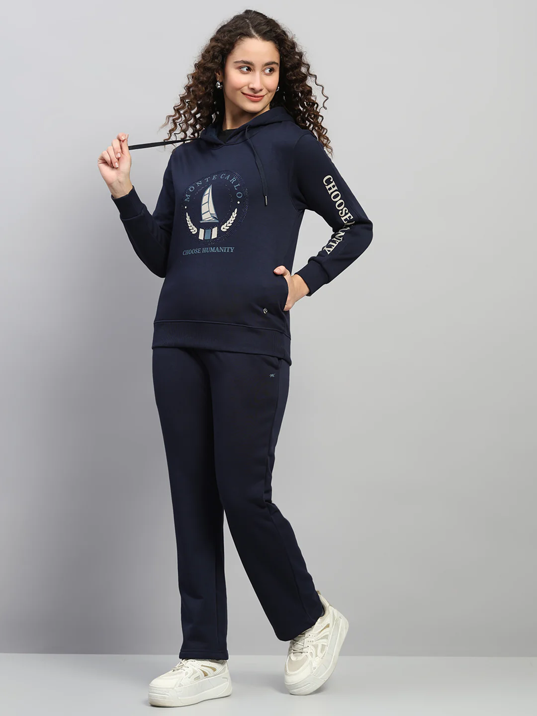 Women Navy Blue Printed Hooded Full Sleeve Cords Set - Image 2