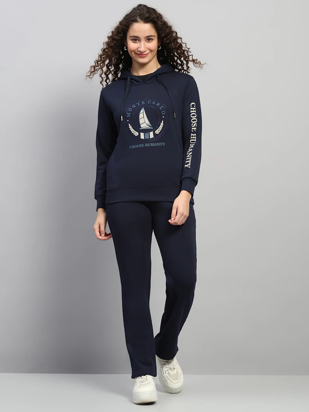 Women Navy Blue Printed Hooded Full Sleeve Cords Set - Image 3