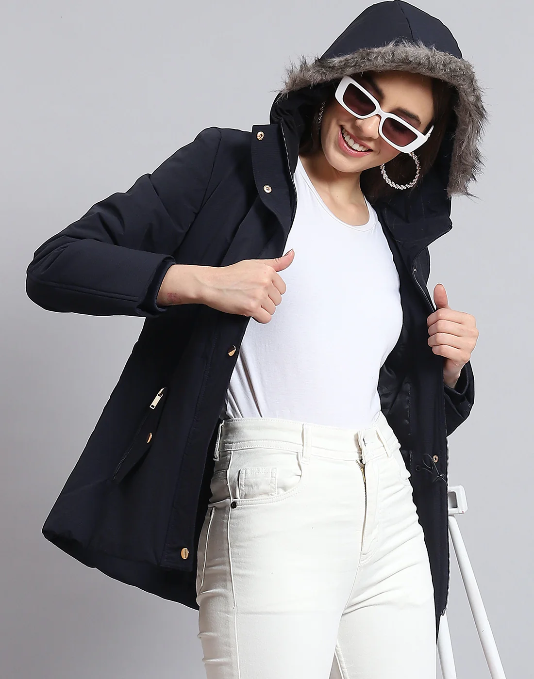 Women Navy Blue Hooded Jacket with Attached Inflatable Neck Pillow - Image 2