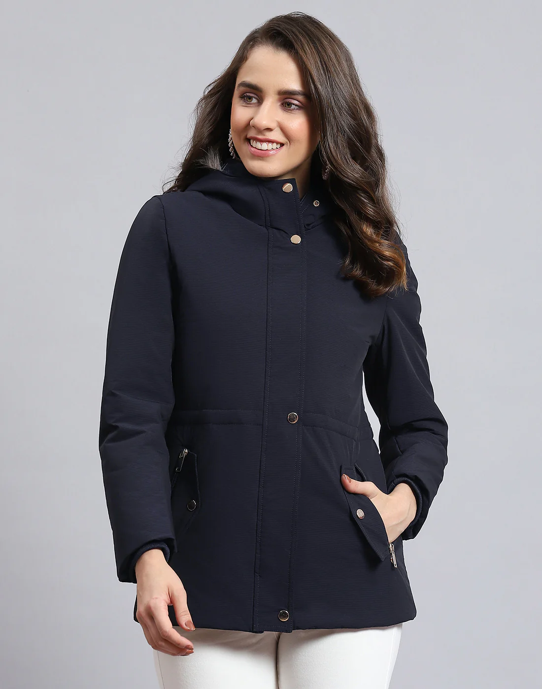 Women Navy Blue Hooded Jacket with Attached Inflatable Neck Pillow - Image 3