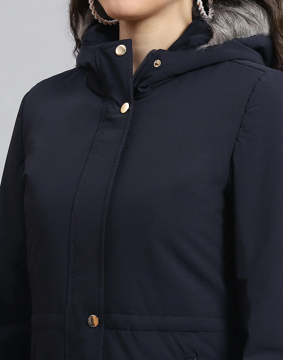 Women Navy Blue Hooded Jacket with Attached Inflatable Neck Pillow - Image 8