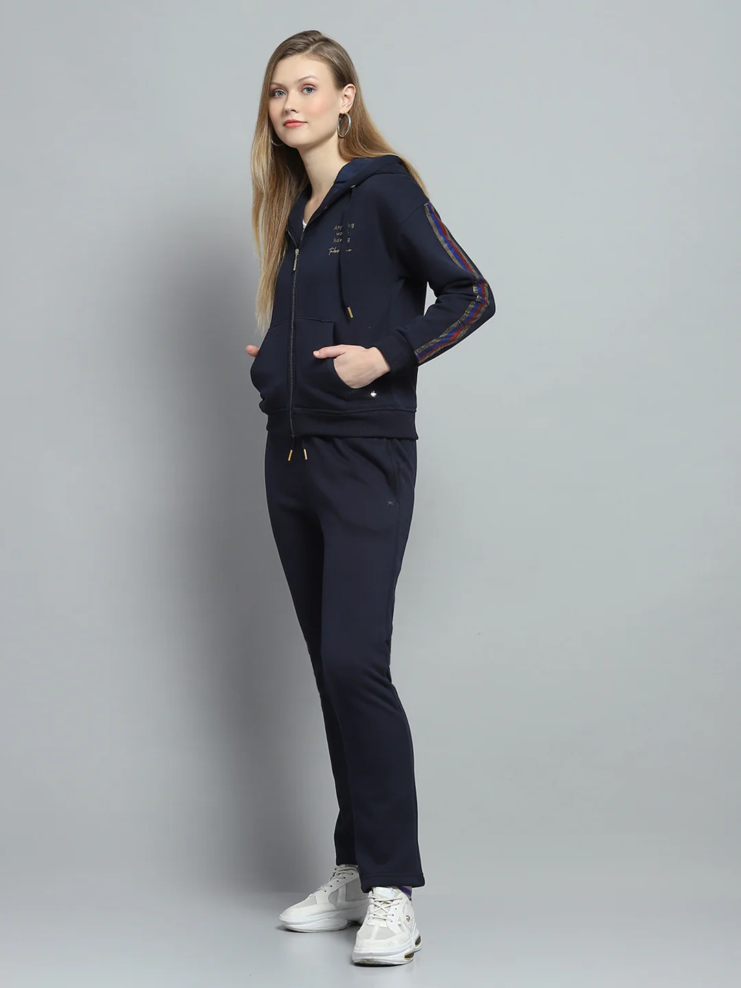 Women Navy Blue Printed Hooded Full Sleeve Tracksuit - Image 3