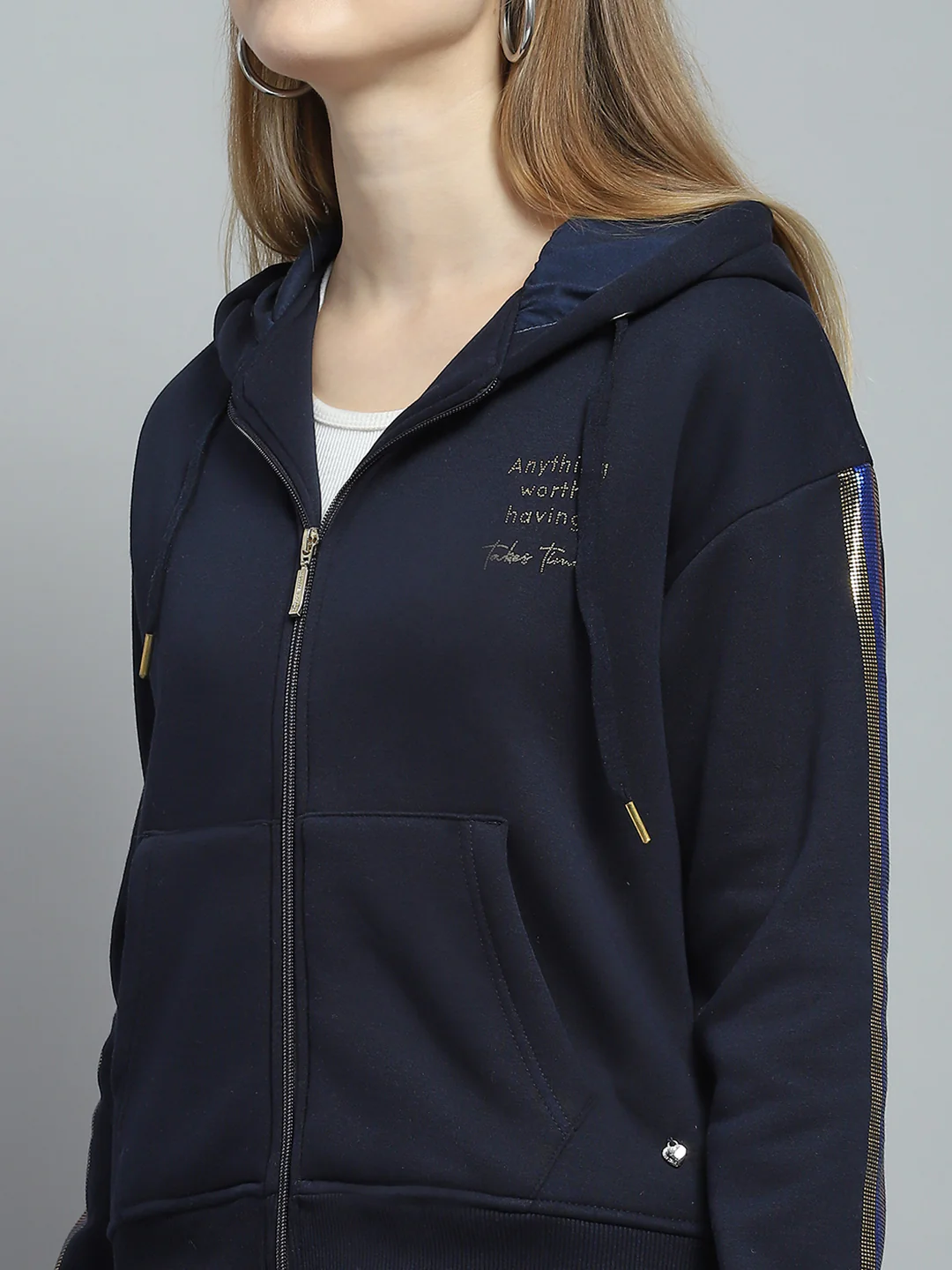 Women Navy Blue Printed Hooded Full Sleeve Tracksuit - Image 7