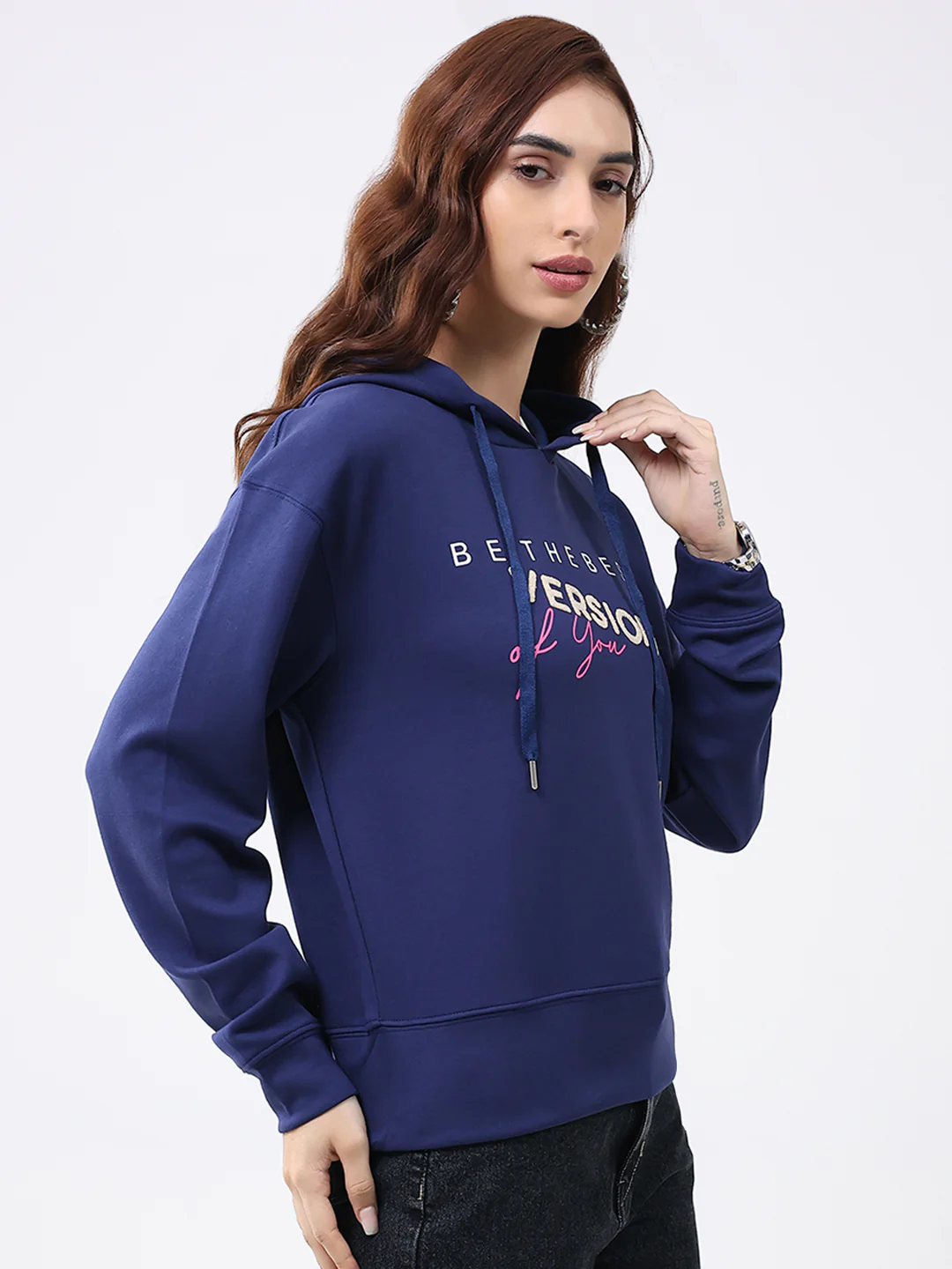 Women Navy Blue Printed Hooded Full Sleeve Winter Top - Image 4
