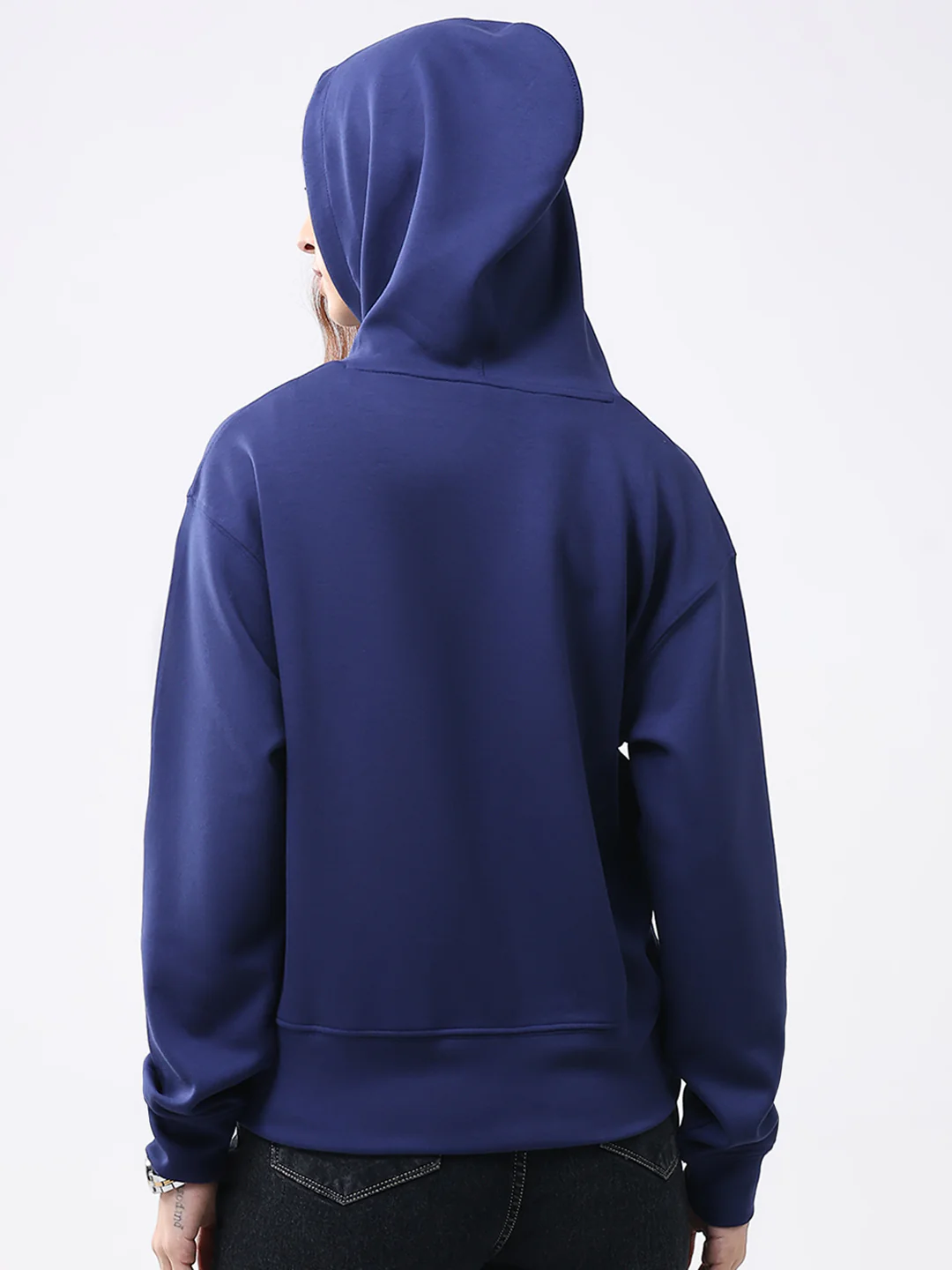Women Navy Blue Printed Hooded Full Sleeve Winter Top - Image 5