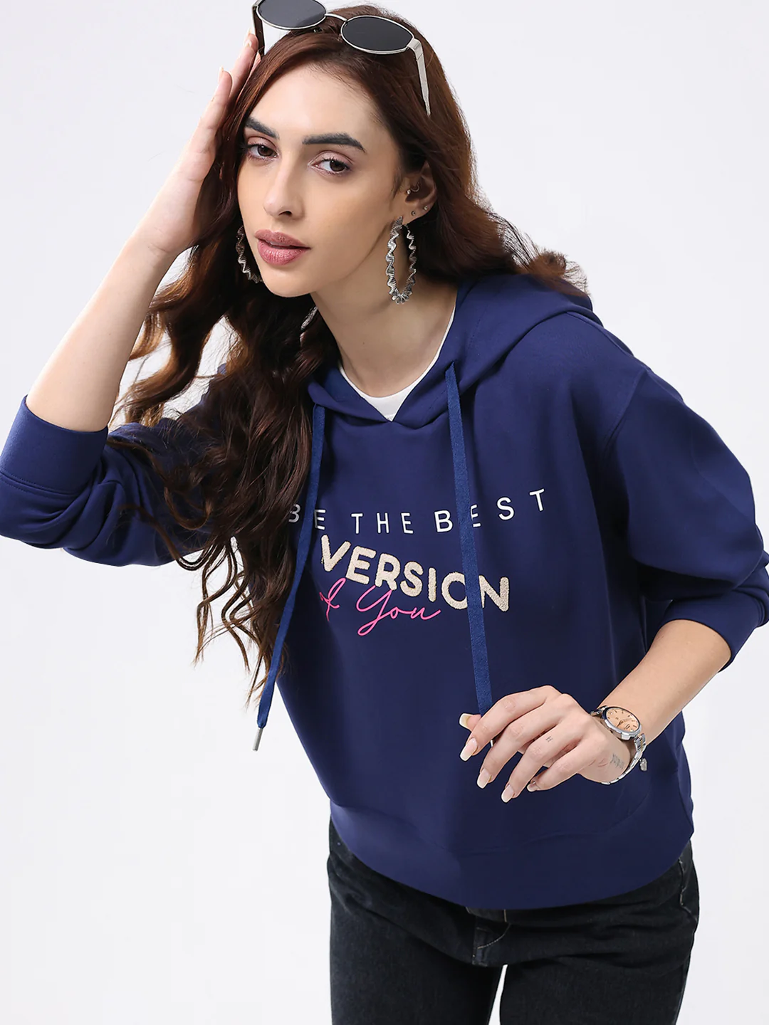 Women Navy Blue Printed Hooded Full Sleeve Winter Top - Image 6