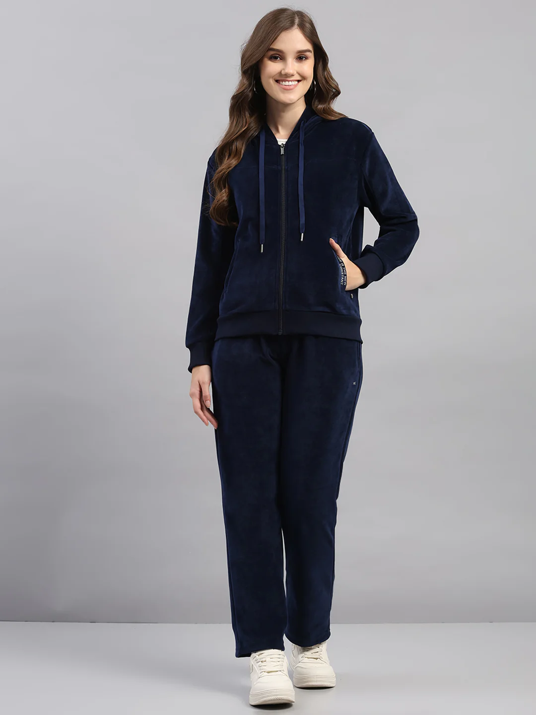 Women Navy Blue Printed Hooded Full Sleeve Winter Tracksuit