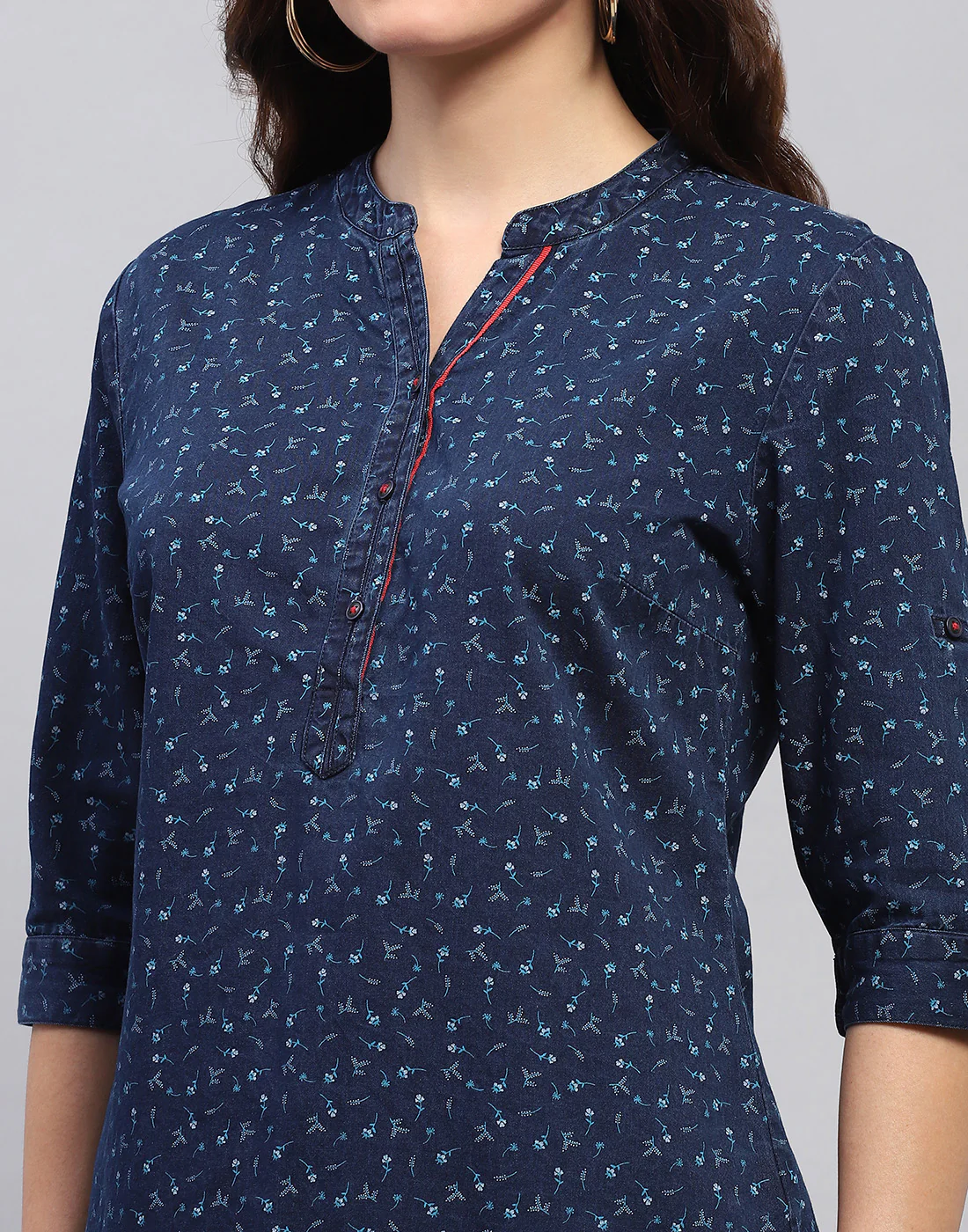 Women Navy Blue Printed Mandarin collar 3/4 Sleeve Top - Image 6