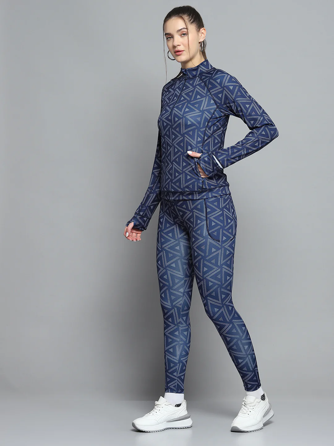 Rock.it Women Navy Blue Printed Mock Neck Full Sleeve Tracksuit - Image 3