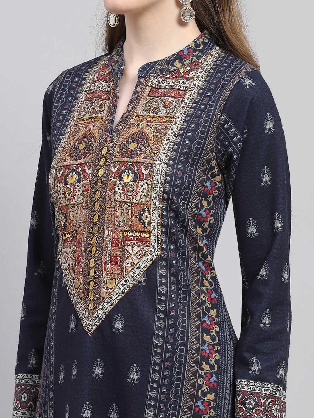 Women Navy Blue Printed Round Neck Full Sleeve Kurti Set with Stole - Image 7