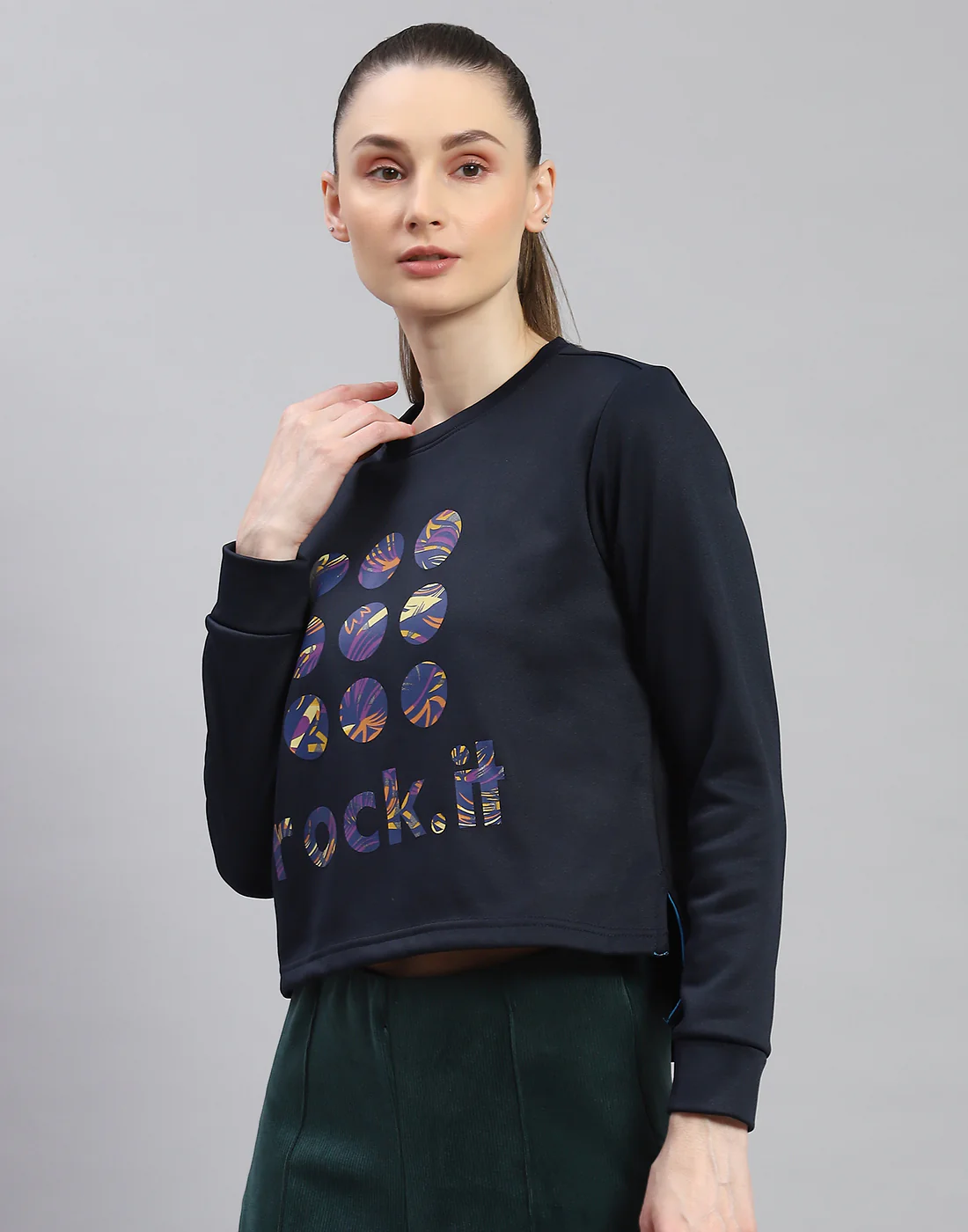 Rock.it Women Navy Blue Printed Round Neck Full Sleeve Sweatshirt - Image 3
